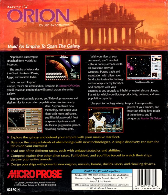 Back Cover for Master of Orion (DOS)