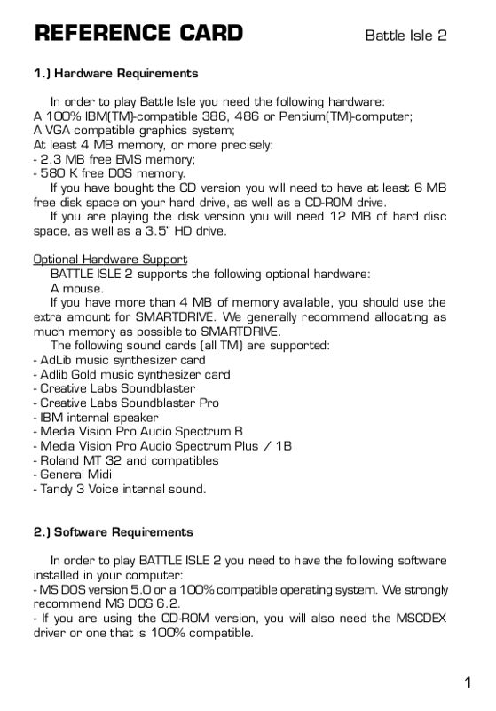 Reference Card for Battle Isle: Platinum (Windows) (GOG.com release): Battle Isle 2 - Front Page