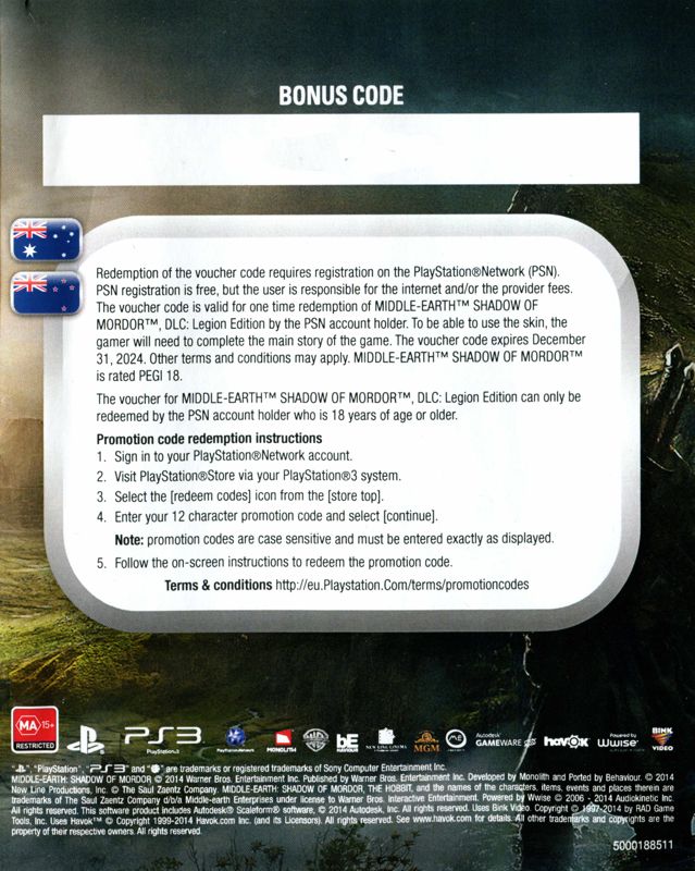 Extras for Middle-earth: Shadow of Mordor - Legion Edition (PlayStation 3): DLC flyer 2 - back