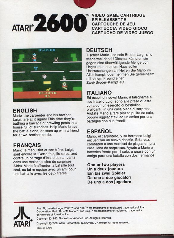 Back Cover for Mario Bros. (Atari 2600)