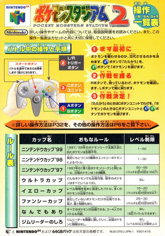 Reference Card for Pokémon Stadium 2 (Nintendo 64): Front