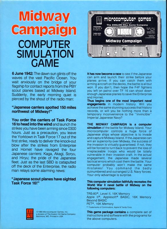 Back Cover for Midway Campaign (Apple II and Commodore PET/CBM and TRS-80)