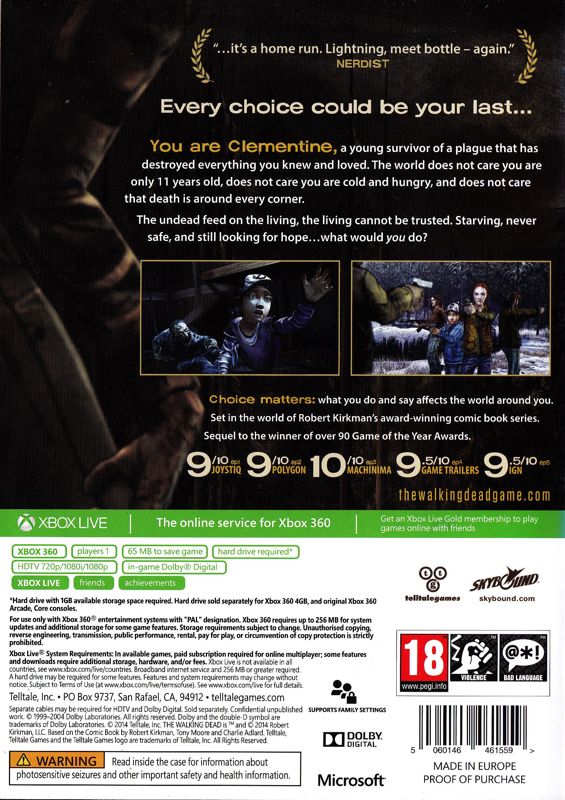 Back Cover for The Walking Dead: Season Two (Xbox 360)