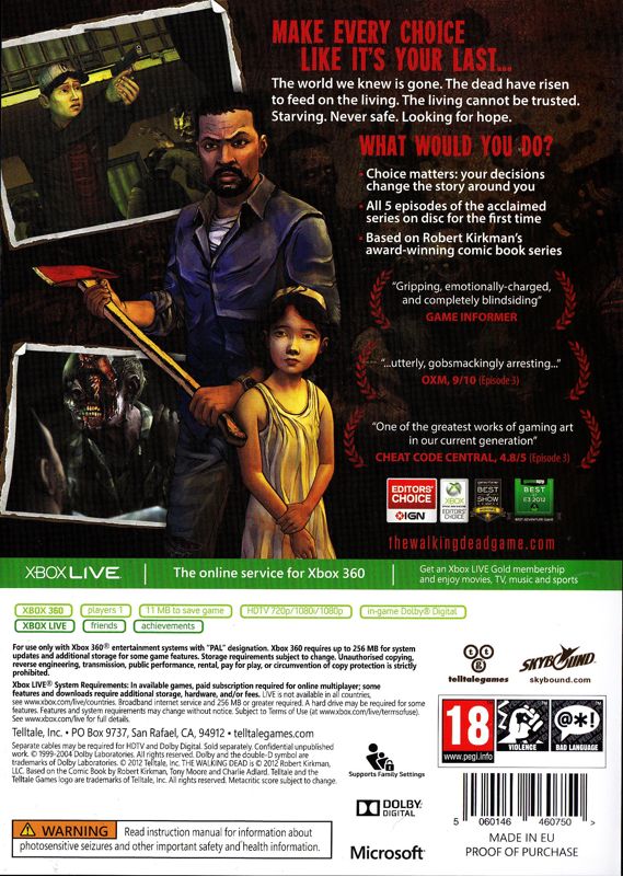 Back Cover for The Walking Dead (Xbox 360)