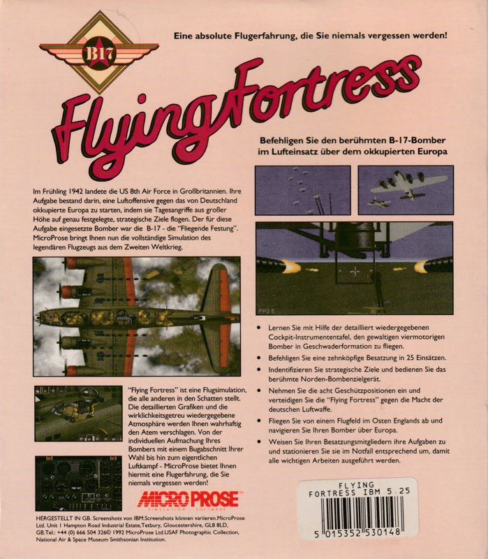 Back Cover for B-17 Flying Fortress (DOS) (5.25" floppy disk release)