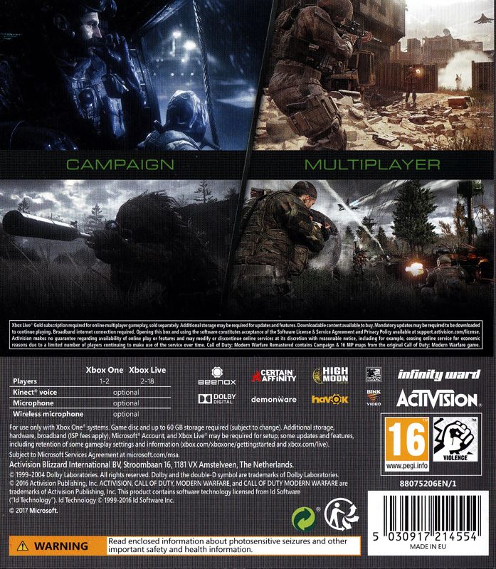 Back Cover for Call of Duty: Modern Warfare - Remastered (Xbox One)