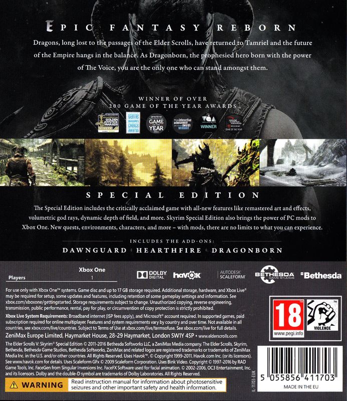 Back Cover for The Elder Scrolls V: Skyrim - Special Edition (Xbox One)