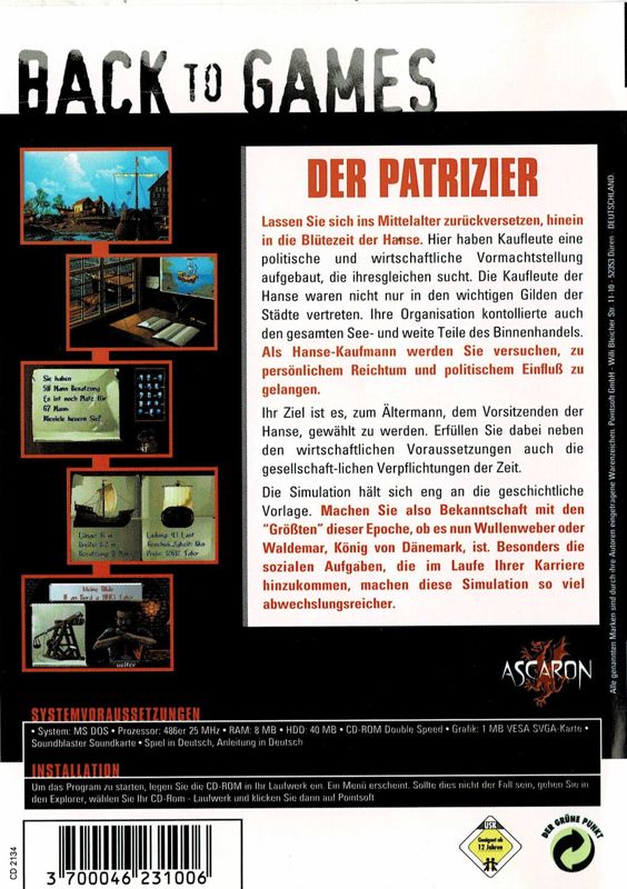 Back Cover for The Patrician (DOS) (Back to Games release)