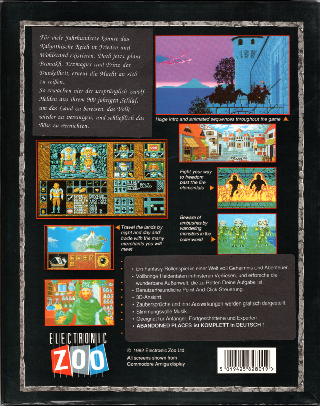 Back Cover for Abandoned Places: A Time for Heroes (Amiga): As can bee seen from the Back Cover. The amiga version was published by Electronic Zoo. On the back cover of the IBM PC version is no hint of the publisher.