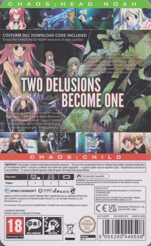 Back Cover for Chaos;Head: Noah / Chaos;Child Double Pack (Steelbook Launch Edition) (Nintendo Switch): Sleeve Back