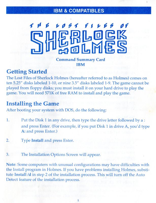 Reference Card for The Lost Files of Sherlock Holmes (DOS) (3.5" disk release)