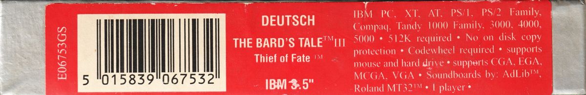 Spine/Sides for The Bard's Tale III: Thief of Fate (DOS): Top