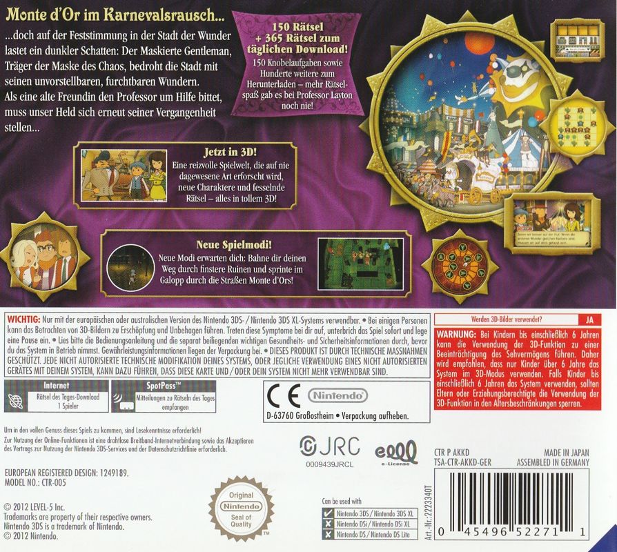 Back Cover for Professor Layton and the Miracle Mask (Nintendo 3DS)