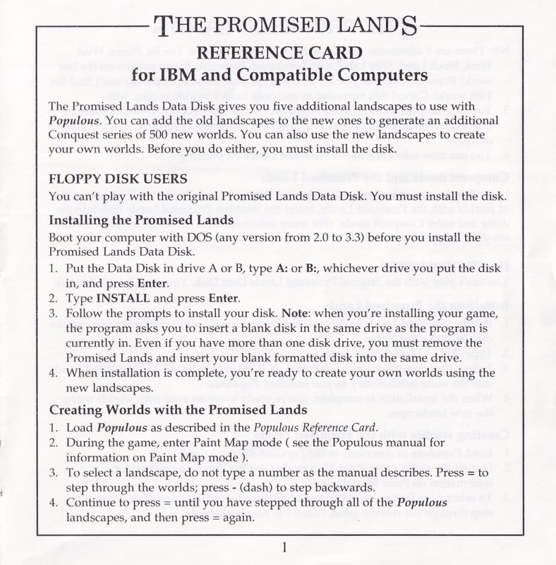 Reference Card for Populous: The Promised Lands (DOS)