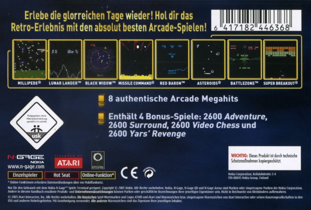 Back Cover for Atari Masterpieces Vol. I (N-Gage)