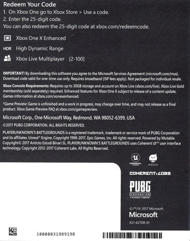 Reference Card for PlayerUnknown's Battlegrounds (Xbox One): DLC Code Card - Back