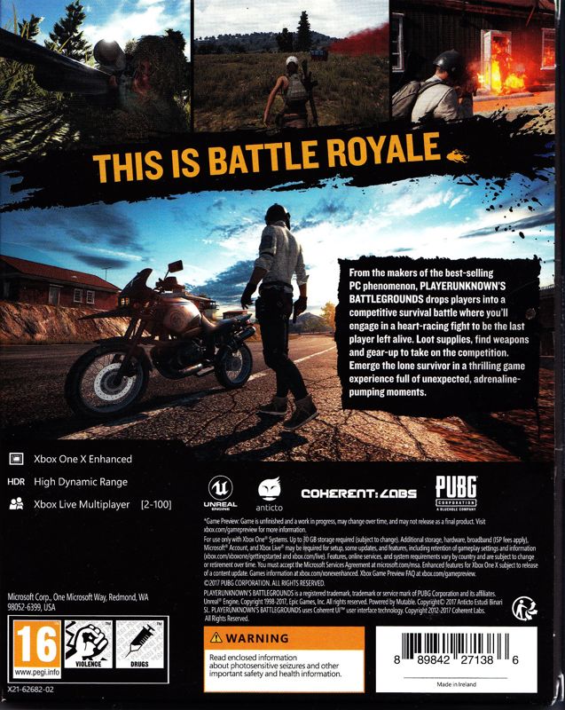 Back Cover for PlayerUnknown's Battlegrounds (Xbox One)