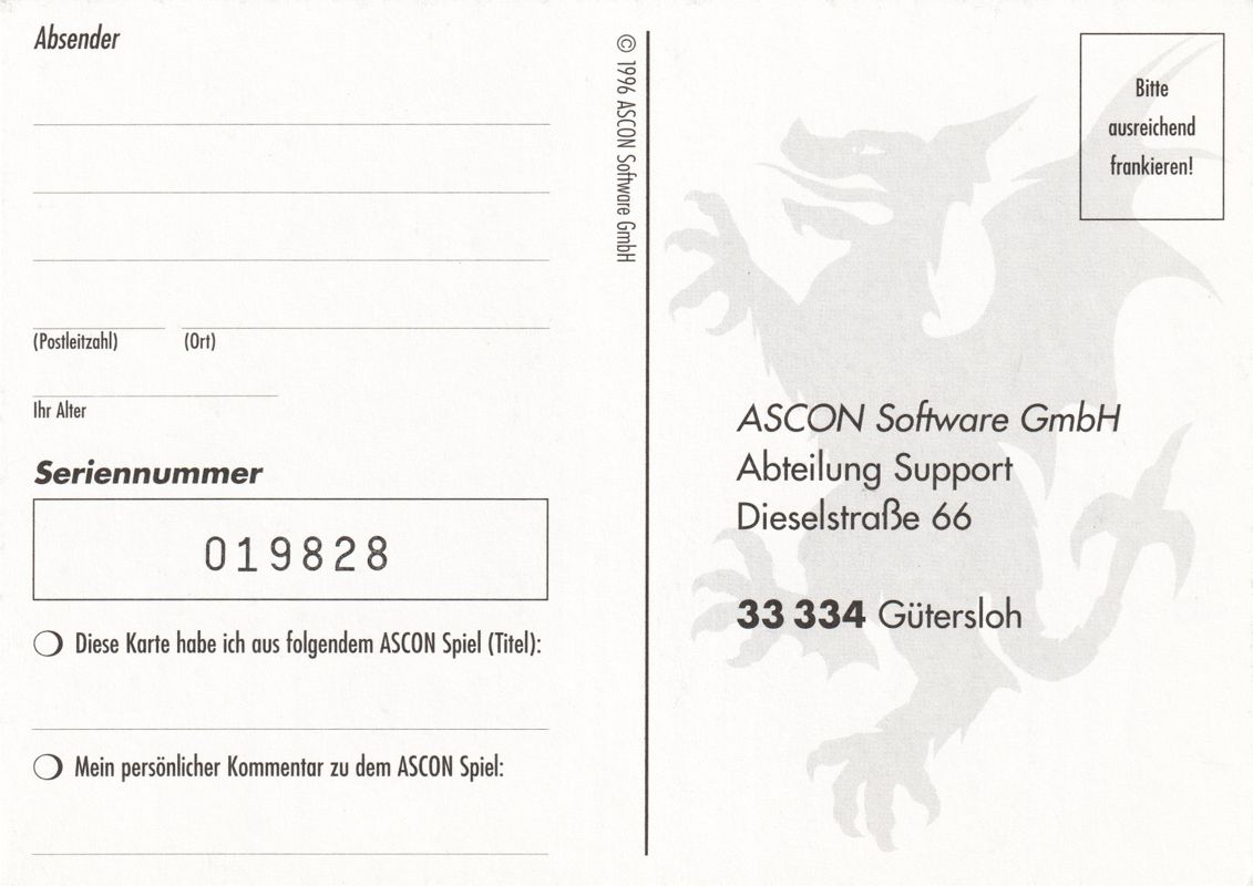 Other for Hanse: Die Expedition (DOS) (CD-ROM release): Registration Card