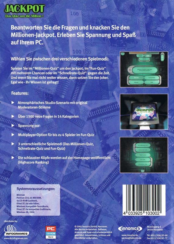 Back Cover for Jackpot: Das Quiz um die Million! (Windows)