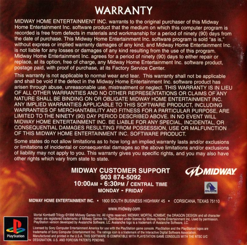 Inside Cover for Mortal Kombat Trilogy (PlayStation) (Greatest Hits release): Left