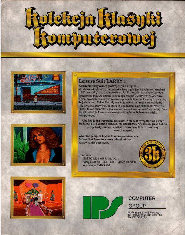 Back Cover for Leisure Suit Larry 1: In the Land of the Lounge Lizards (DOS) (Kolekcja Klasyki Komputerowej release)