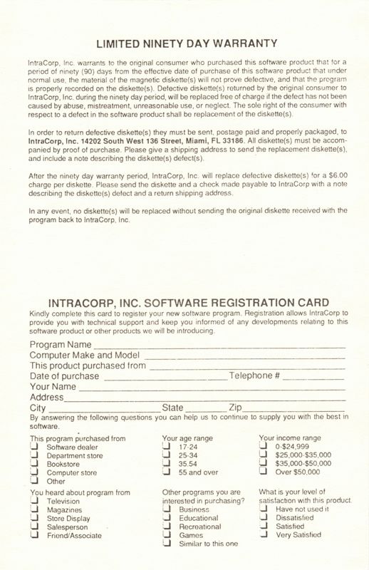 Extras for The Taking of Beverly Hills (DOS) (3.5" floppy disk release): Registration - Front