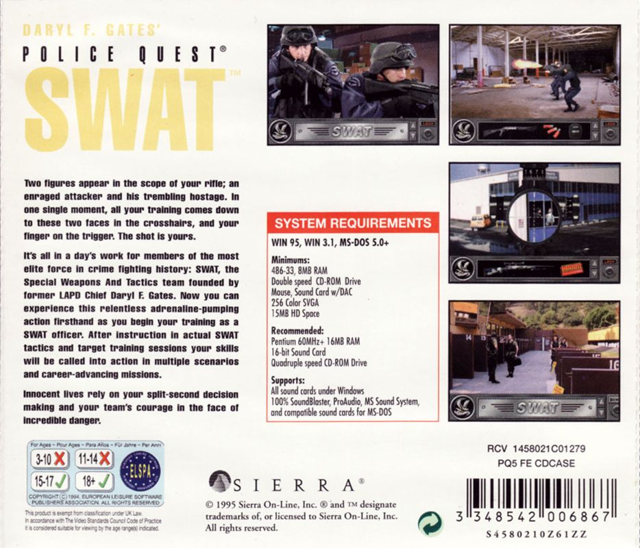 Other for Daryl F. Gates' Police Quest: SWAT (DOS and Windows and Windows 3.x) (1st French release (Game=English/Manual=French)): Jewel Case - Back