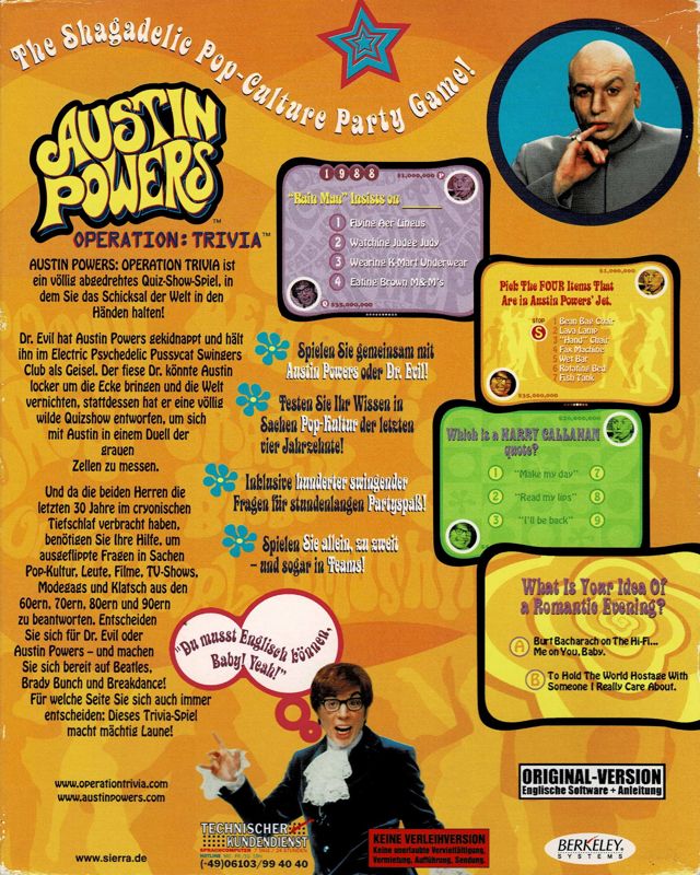 Back Cover for Austin Powers: Operation: Trivia (Macintosh and Windows)