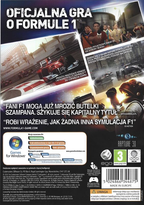 Back Cover for F1 2010 (Windows)