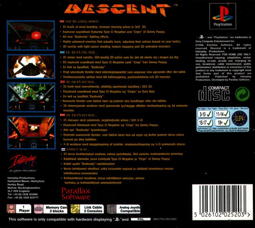 Back Cover for Descent (PlayStation)
