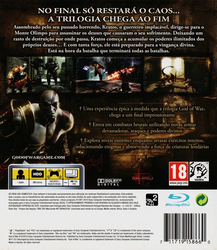 Back Cover for God of War III (PlayStation 3)