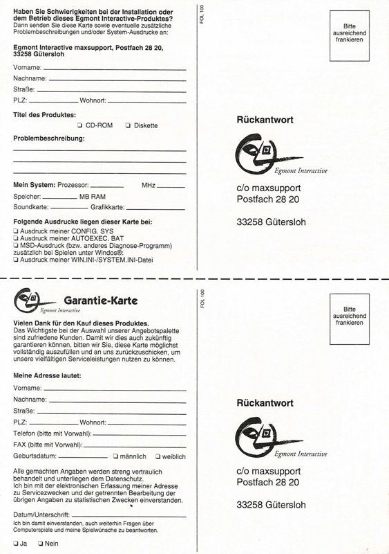 Extras for Sanitarium (Windows): Registration Card - Front
