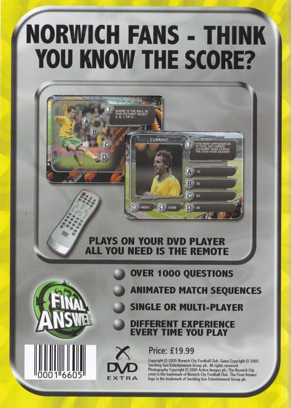 Back Cover for Final Answer: Norwich City (DVD Player)