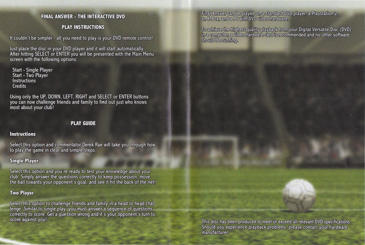 Inside Cover for Final Answer: Norwich City (DVD Player)