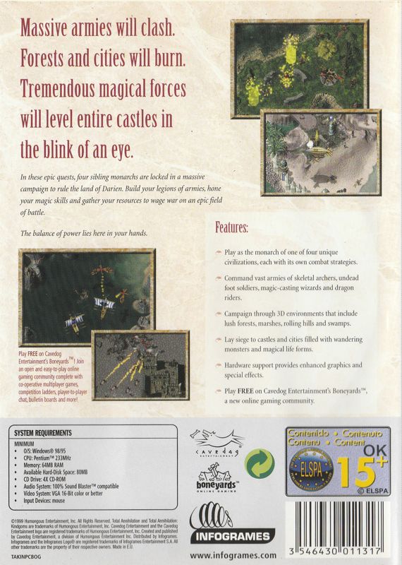 Back Cover for Total Annihilation: Kingdoms (Windows) (Best of Infogrames release)