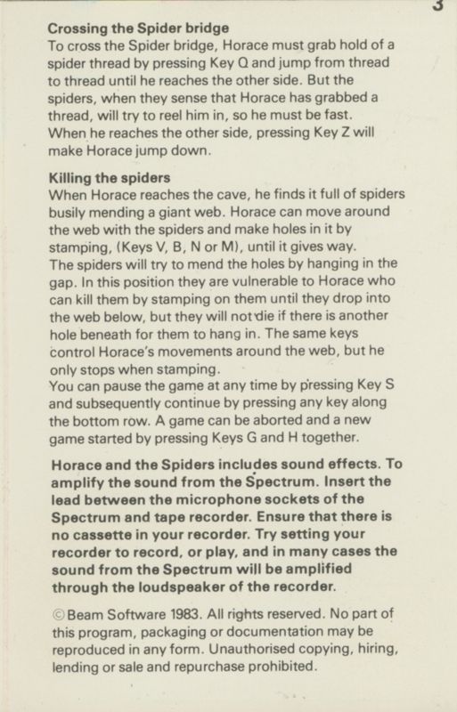 Inside Cover for Horace & The Spiders (ZX Spectrum)