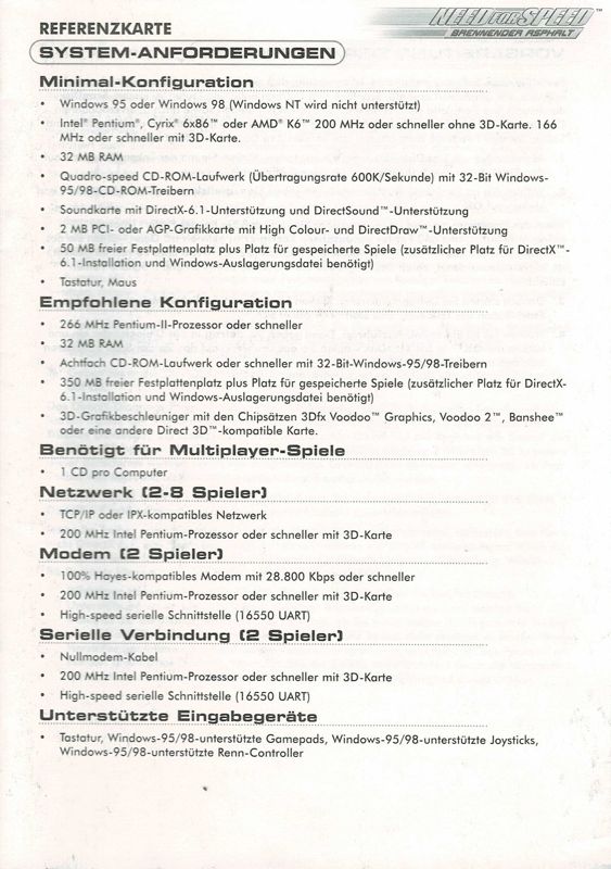 Reference Card for Need for Speed: High Stakes (Windows): Front