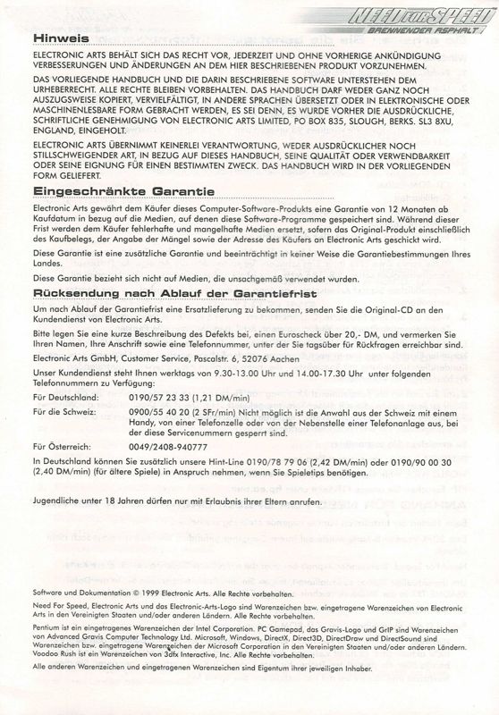 Reference Card for Need for Speed: High Stakes (Windows): Back