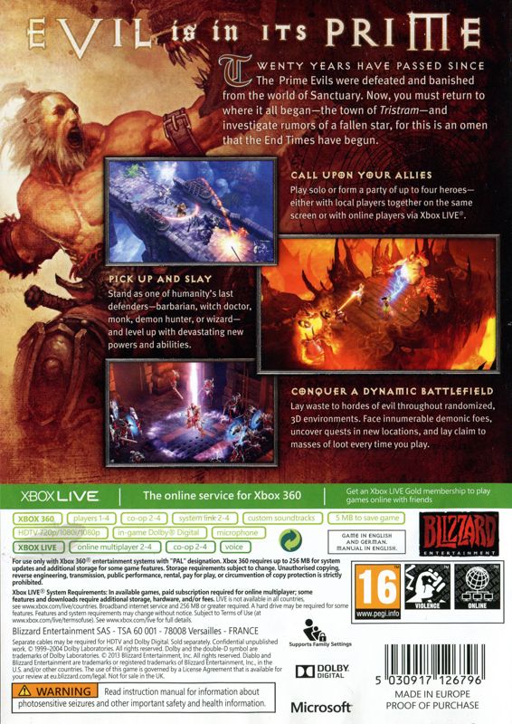Back Cover for Diablo III (Xbox 360)