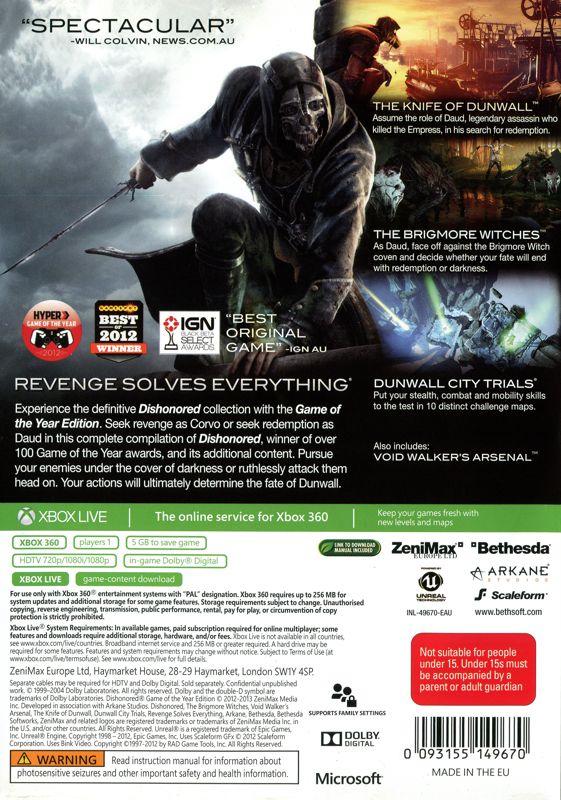 Dishonored: Game of the Year Edition cover or packaging material ...