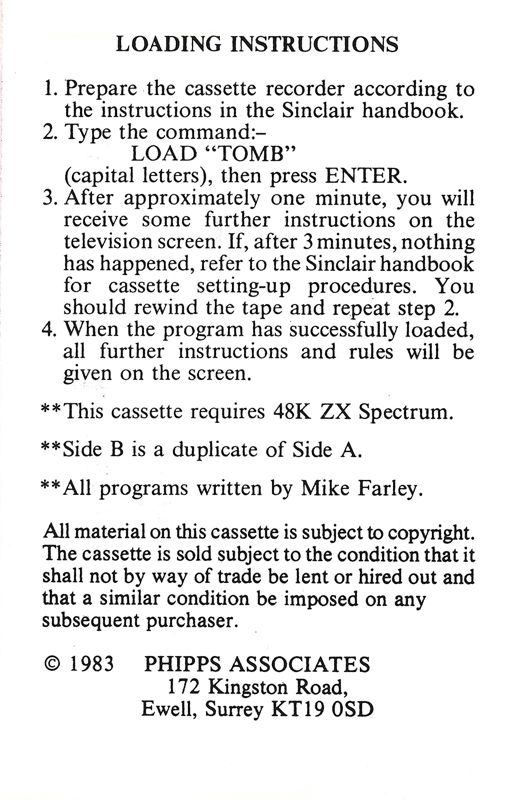 Manual for The Pharaoh's Tomb (ZX Spectrum): printed on the back of inlay