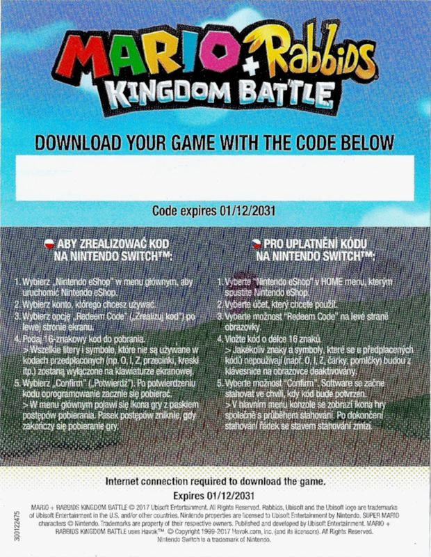 Other for Mario + Rabbids: Kingdom Battle (Nintendo Switch) (retail release with download code): Download Code - Front