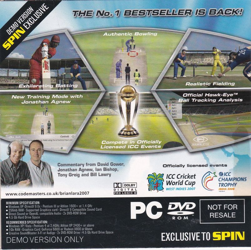 Back Cover for Brian Lara International Cricket 2007 (Windows) (SPIN magazine - Promotional demo version)