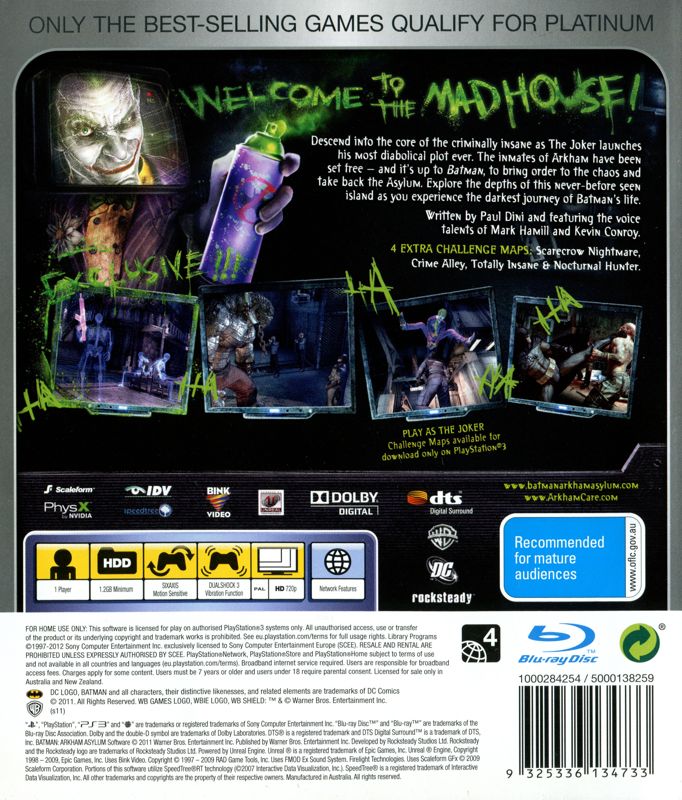 Back Cover for Batman: Arkham Asylum - Game of the Year Edition (PlayStation 3) (Platinum release)