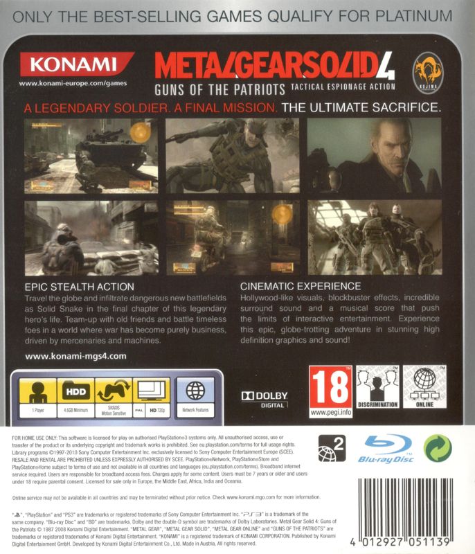 Back Cover for Metal Gear Solid 4: Guns of the Patriots (PlayStation 3) (General European Platinum release)