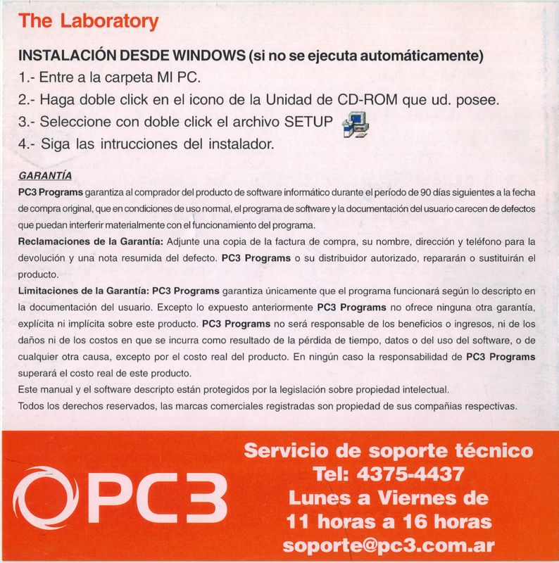 Inside Cover for Dexter's Laboratory: Science Ain't Fair (Windows): Installation instructions and warranty