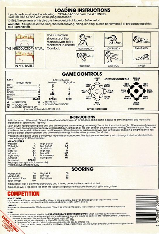 Back Cover for Karate Combat (BBC Micro)