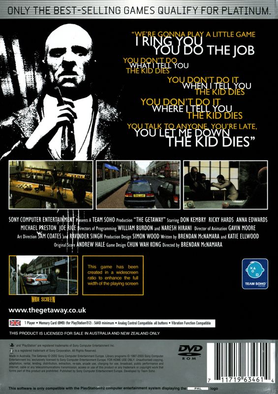 Back Cover for The Getaway (PlayStation 2) (Platinum release)