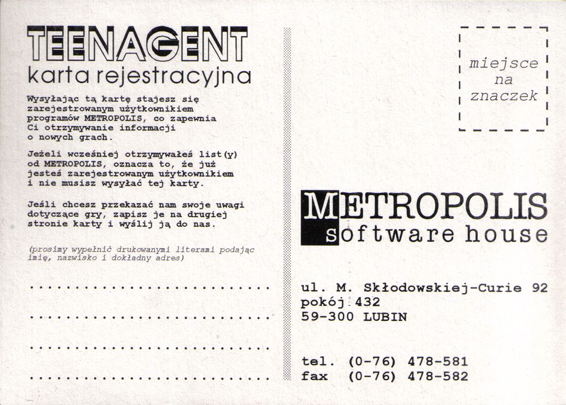 Extras for Tajemnica Statuetki (DOS) (5.25" Floppy Disk release): Registration Card - Front