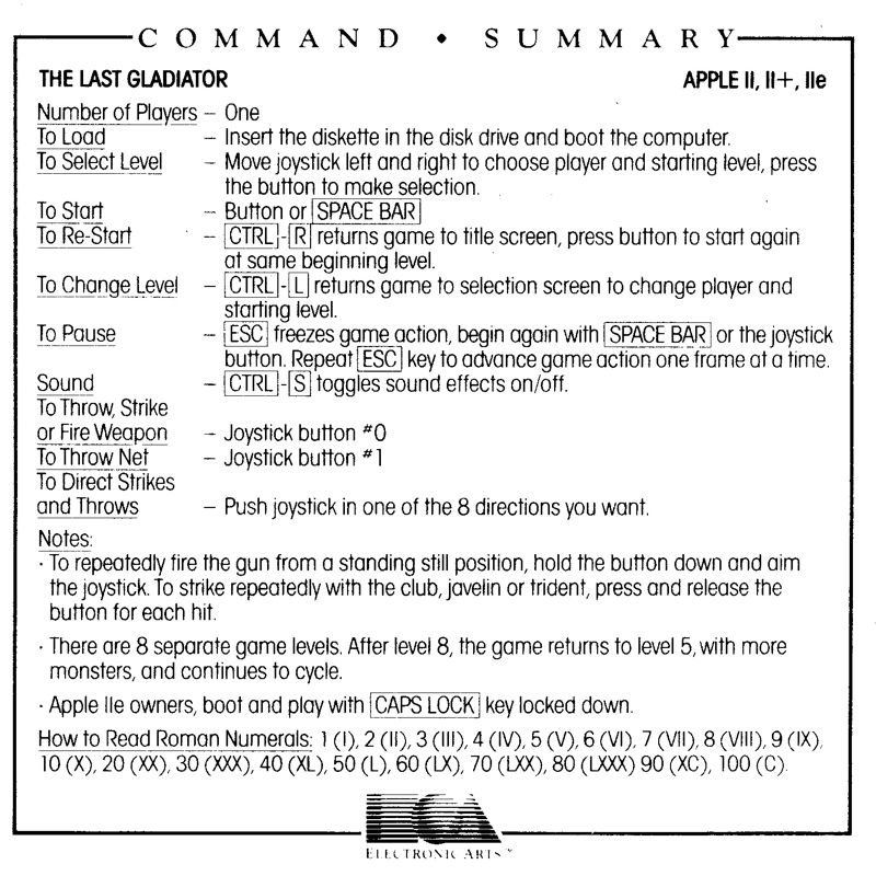 Reference Card for The Last Gladiator (Apple II)